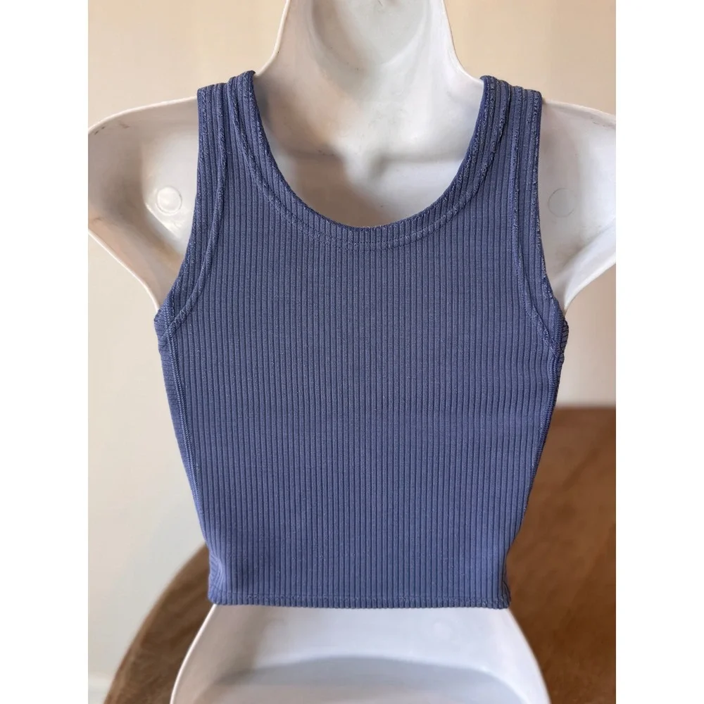 Lululemon Shirt Ribbed Blue V-Neck Crop Tank Top Light Support